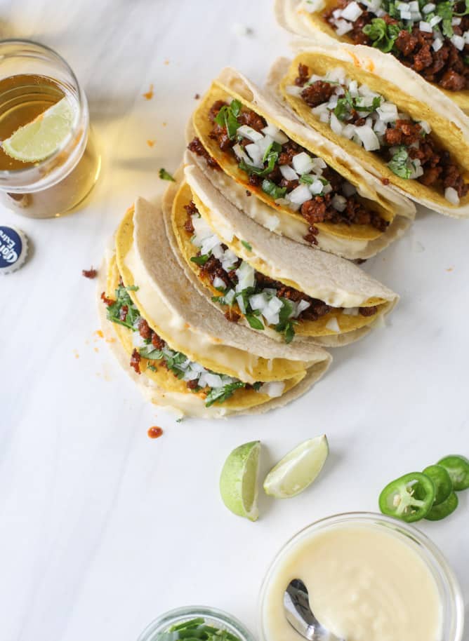queso fundido tacos I howsweeteats.com #tacos #chorizo #queso #quesofundido