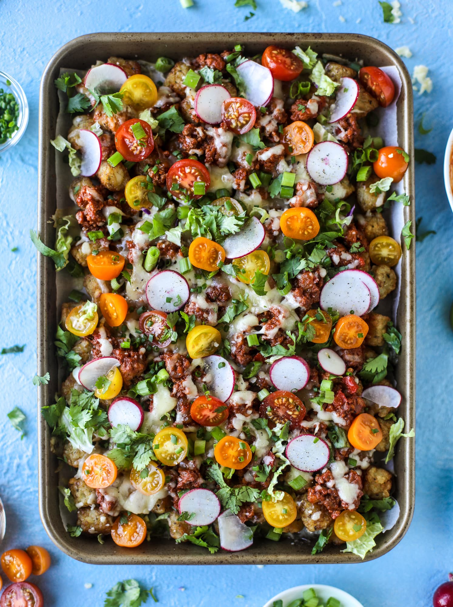 These tater tot nachos, otherwise known as totchos, are so delicious! They are cheesy and topped with a tangy, homemade sloppy joe mixture. Melted cheese, fresh tomatoes, scallions and chives come together for the best party food. I howsweeteats.com #totchos #tater #tot #nachos #sloppy #joes