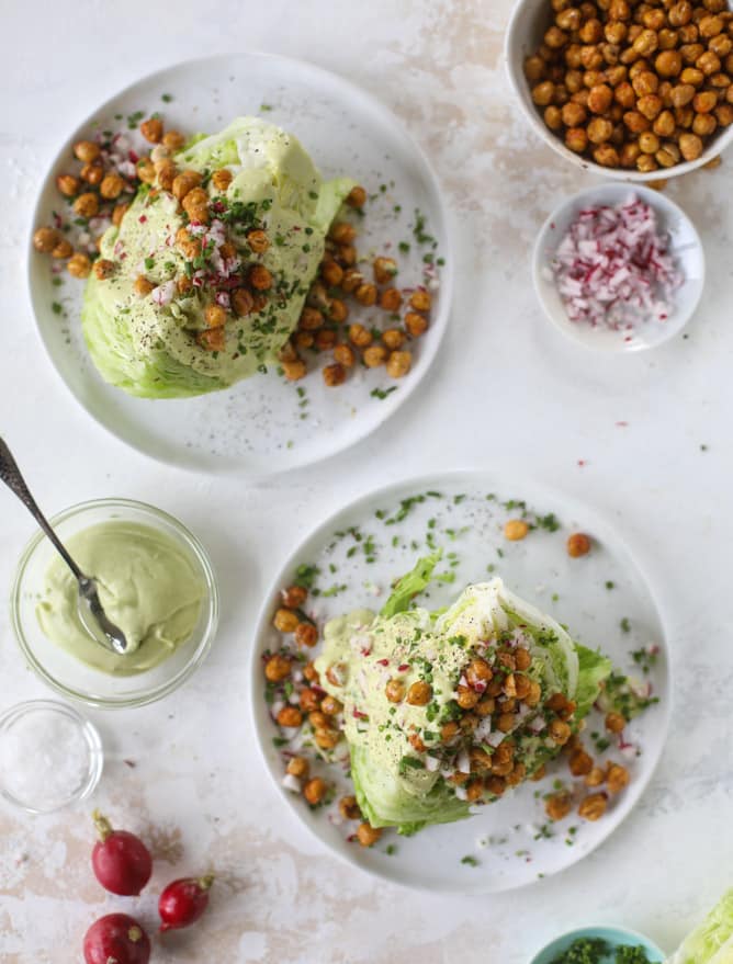 crispy chickpea wedge salads with avocado ranch I howsweeteats.com #wedge #salad #chickpeas #avocado #ranch #vegetarian