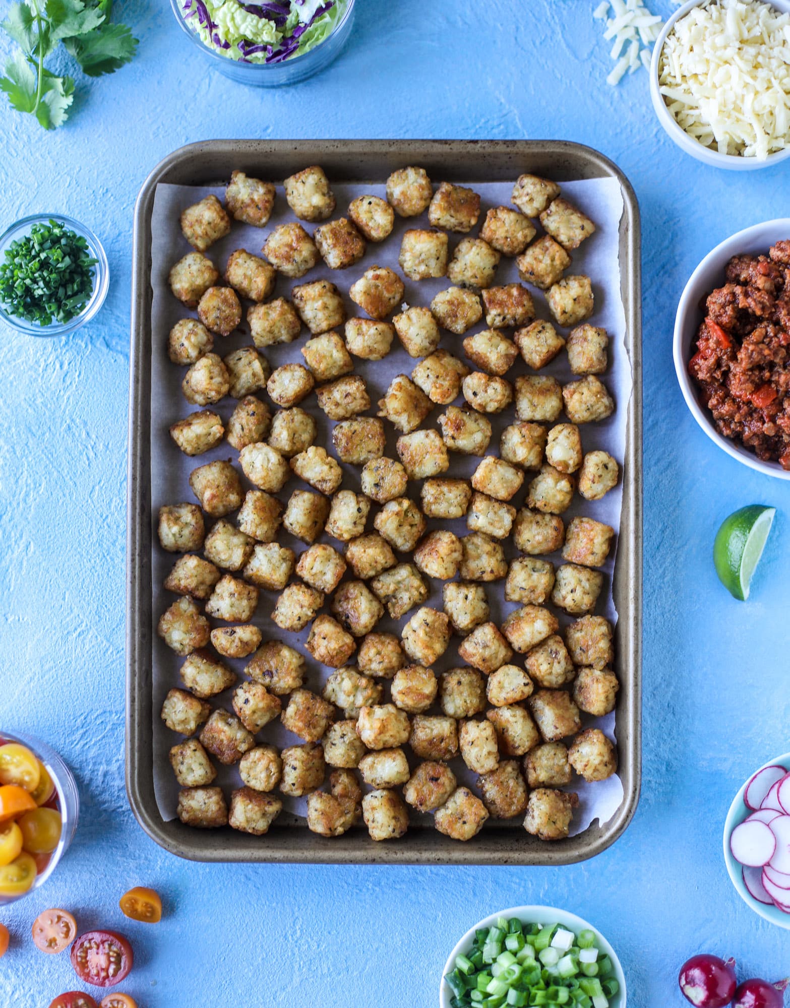 These tater tot nachos, otherwise known as totchos, are so delicious! They are cheesy and topped with a tangy, homemade sloppy joe mixture. Melted cheese, fresh tomatoes, scallions and chives come together for the best party food. I howsweeteats.com #totchos #tater #tot #nachos #sloppy #joes