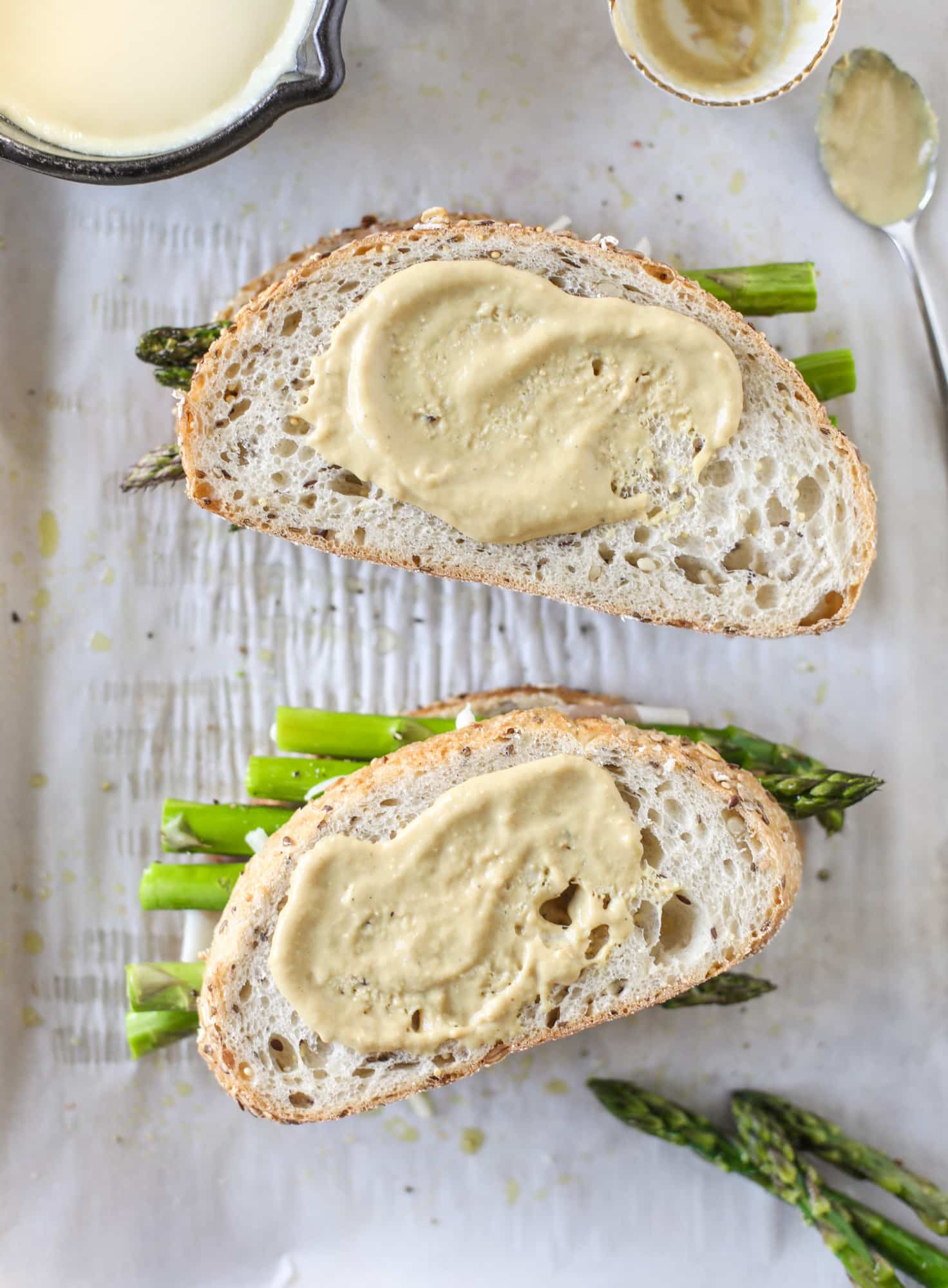 dijon mustard on asparagus sandwich