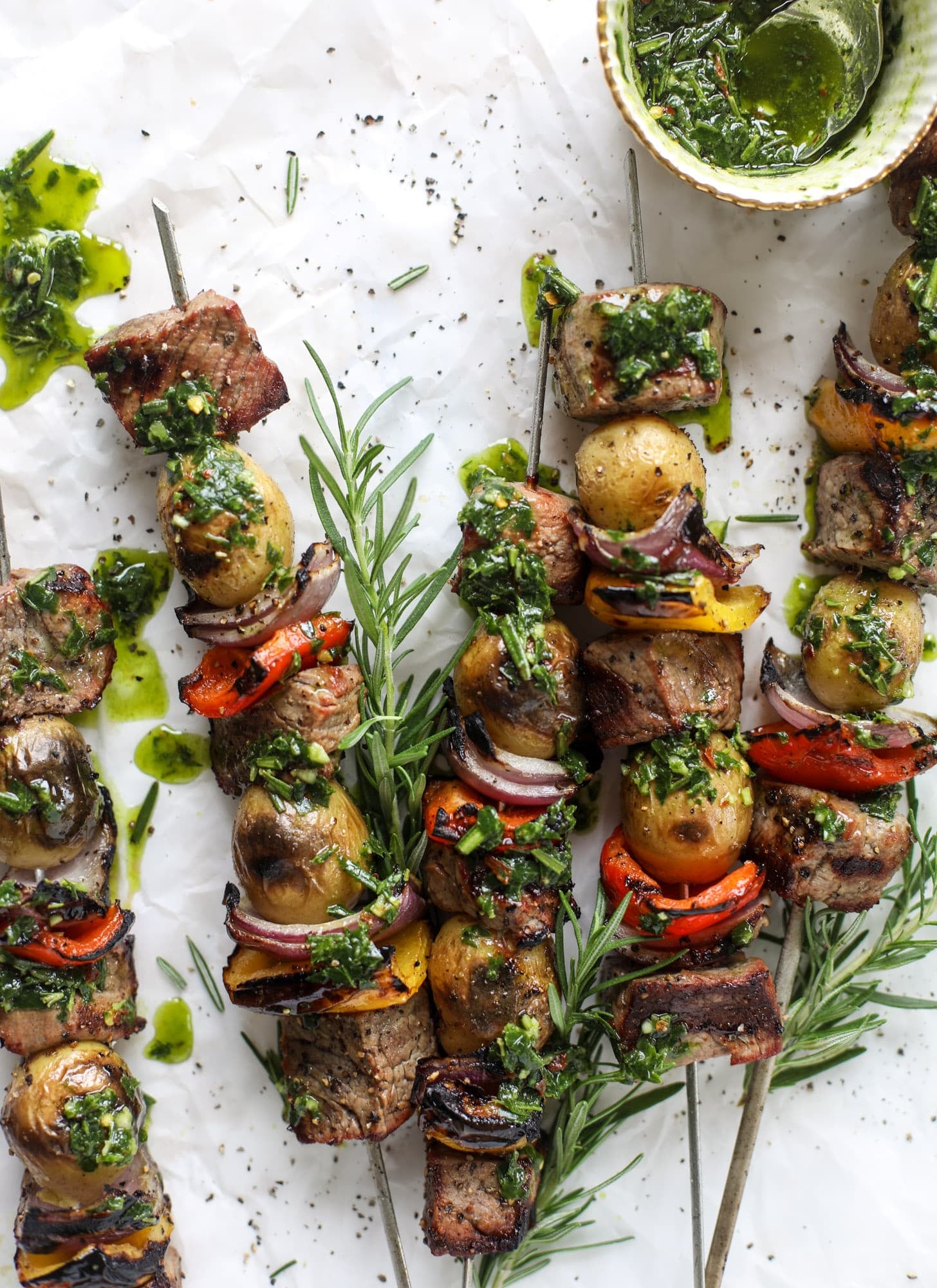 These steak and potato skewers are a complete meal in one! Serve with chimichurri for the ultimate flavor explosion. These are delicious!