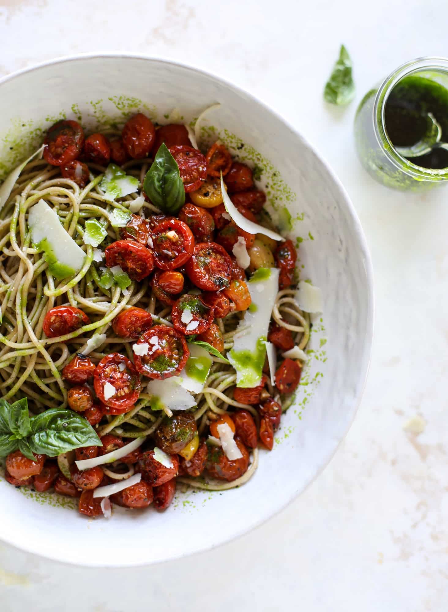 This tomato basil pasta is a labor of love! Made with slow roasted tomatoes, basil oil and tons of parmesan, it's ridiculously full of flavor.