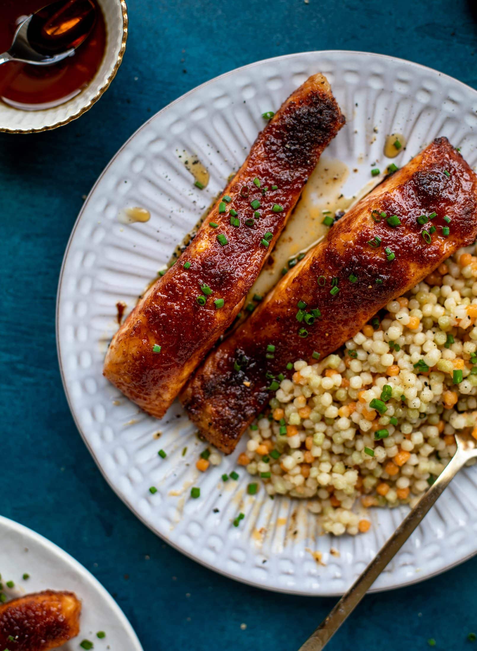 This maple bbq salmon is a quick and delicious weeknight meal. Serve with brown butter couscous and your favorite veg to round it out!