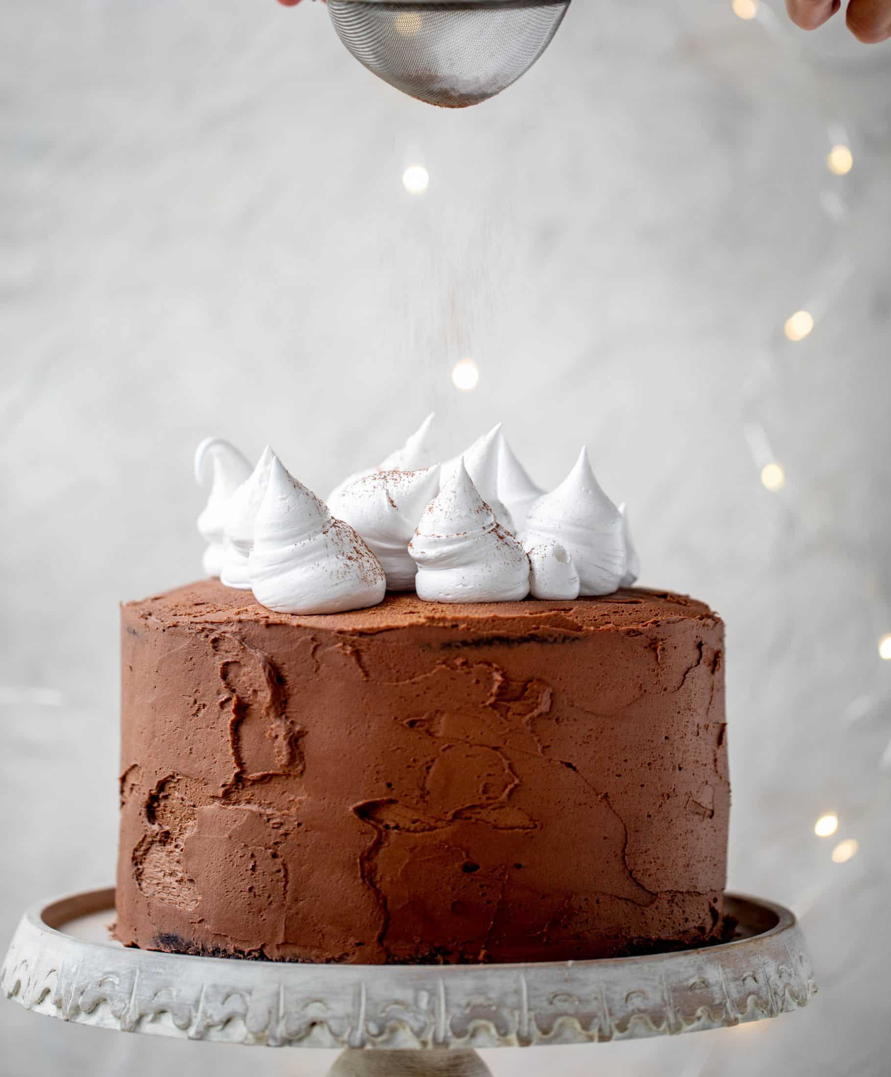 This hot cocoa cake is made with the fudgiest chocolate cake, smothered in chocolate cream cheese frosting and dolloped with whipped marshmallow!