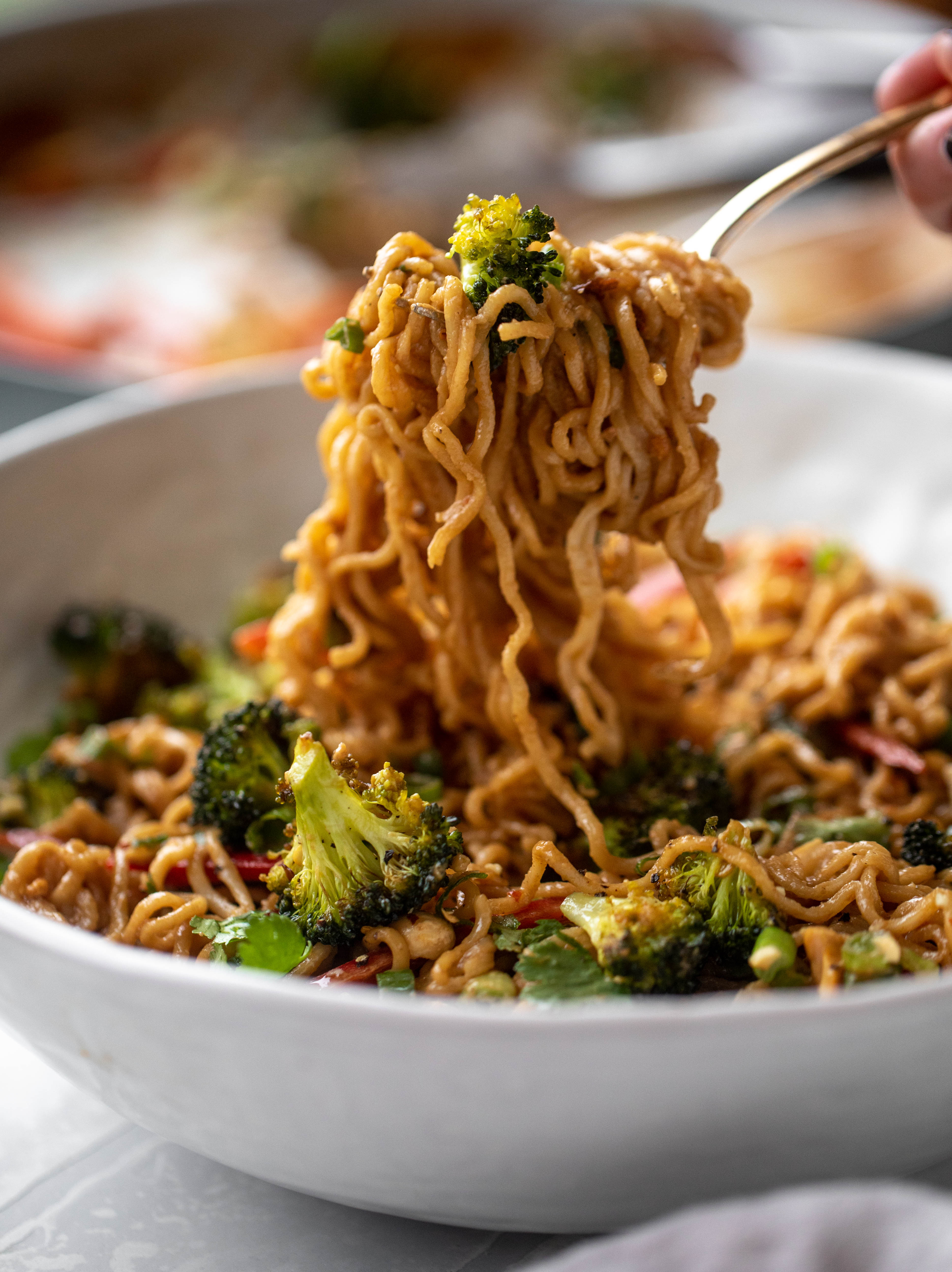 These are the most delicious peanut noodles! Tossed with roasted broccoli, red peppers, scallions, peanuts and an incredibly flavorful sauce!