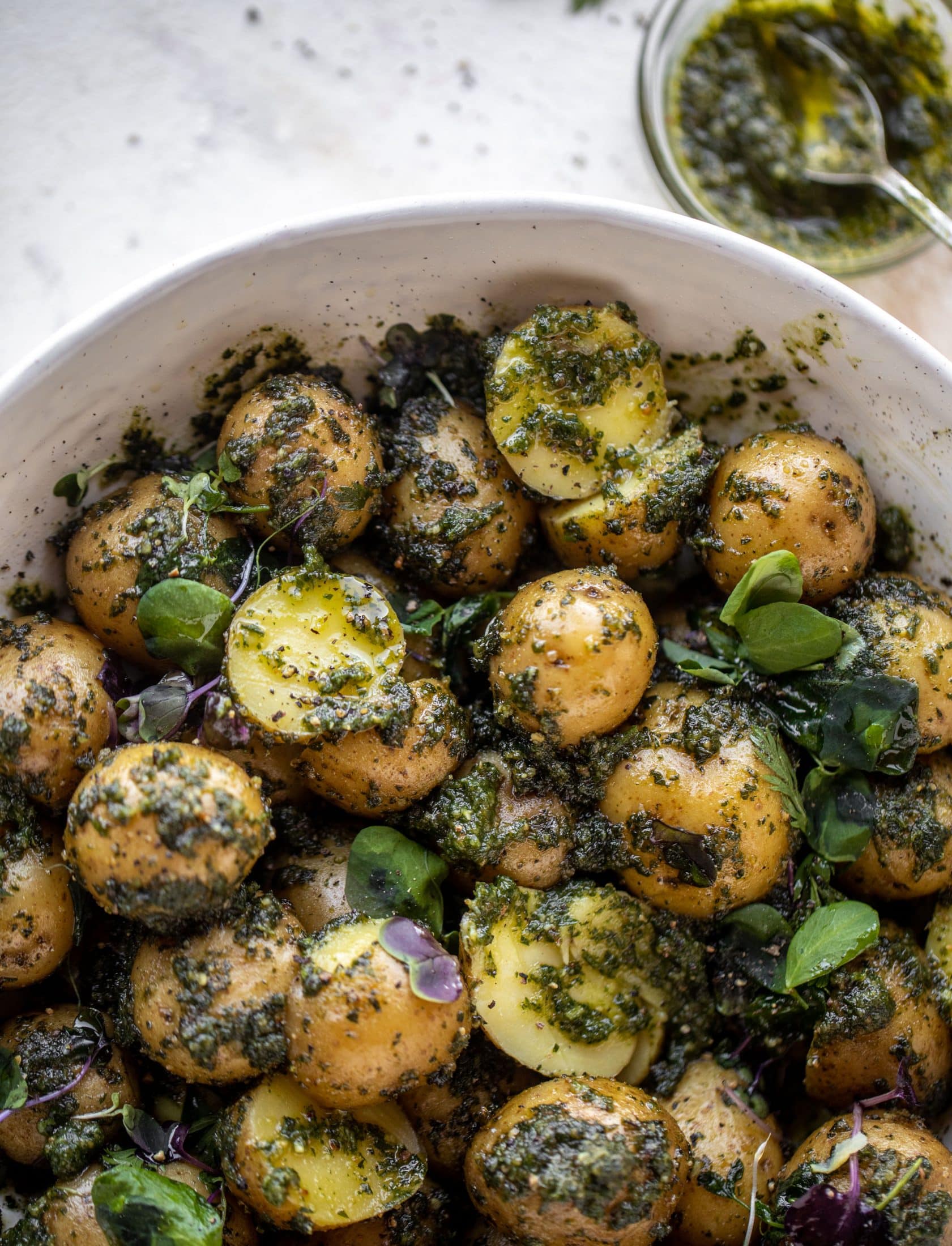 This pesto potato salad is made with carrot top pesto for the perfect spring side dish! Baby potatoes, pesto and greens make up this delish bowl.