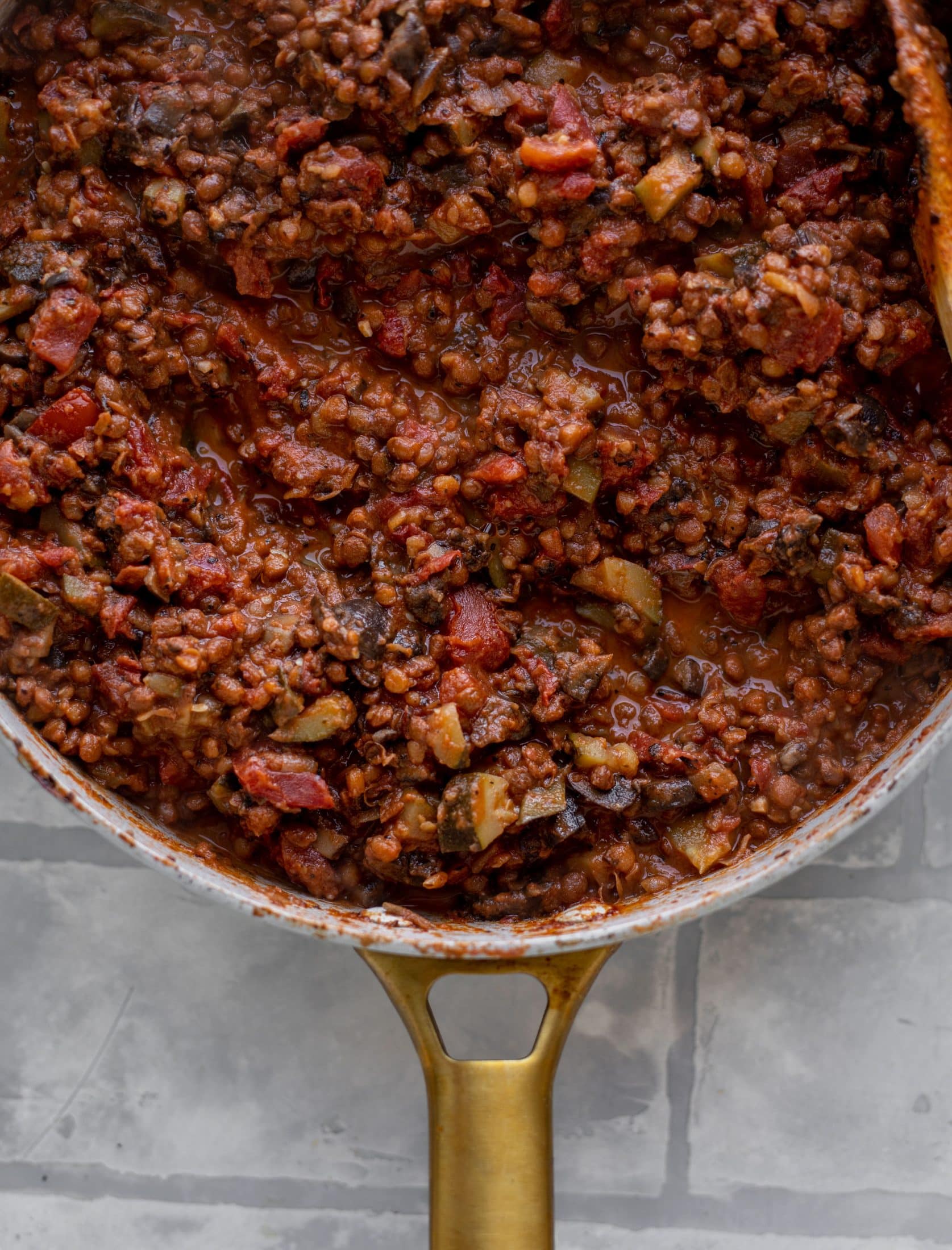 lentil bolognese in a skillet