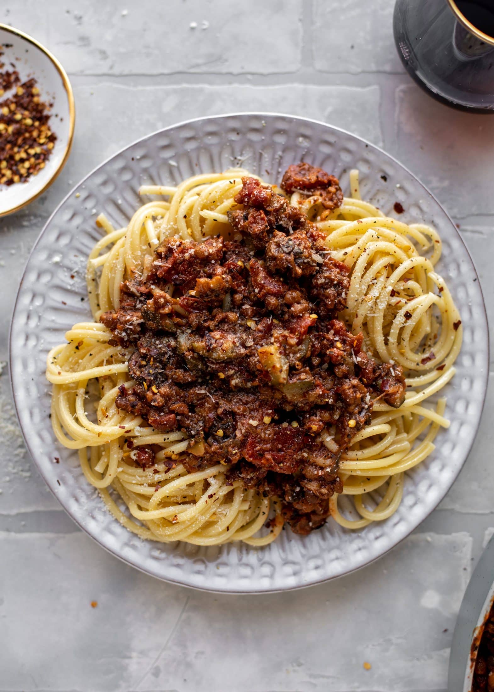 This lentil bolognese is incredible! Super hearty, loaded with vegetables, saucy, rich and decadent. You won't even miss the meat!