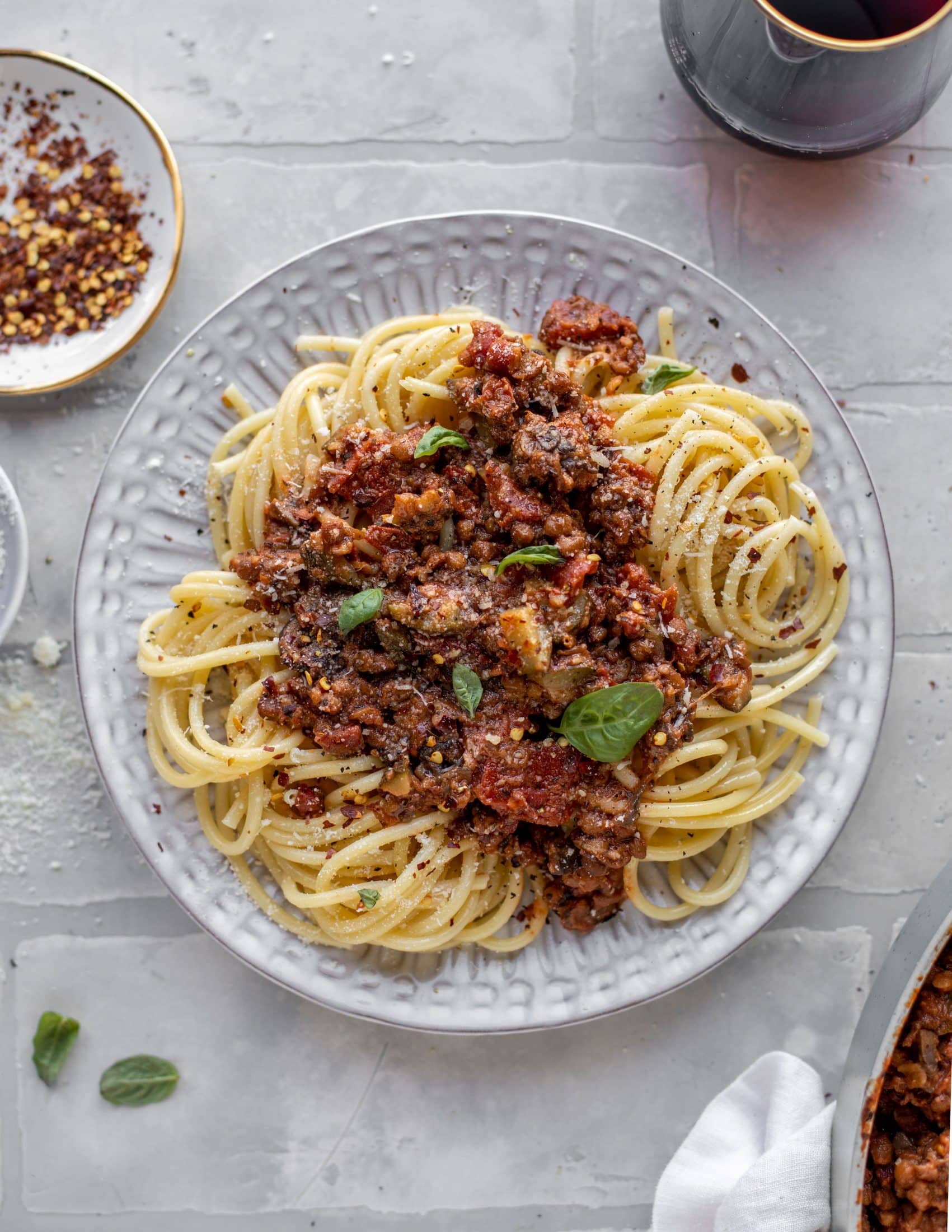 lentil bolognese on a plate