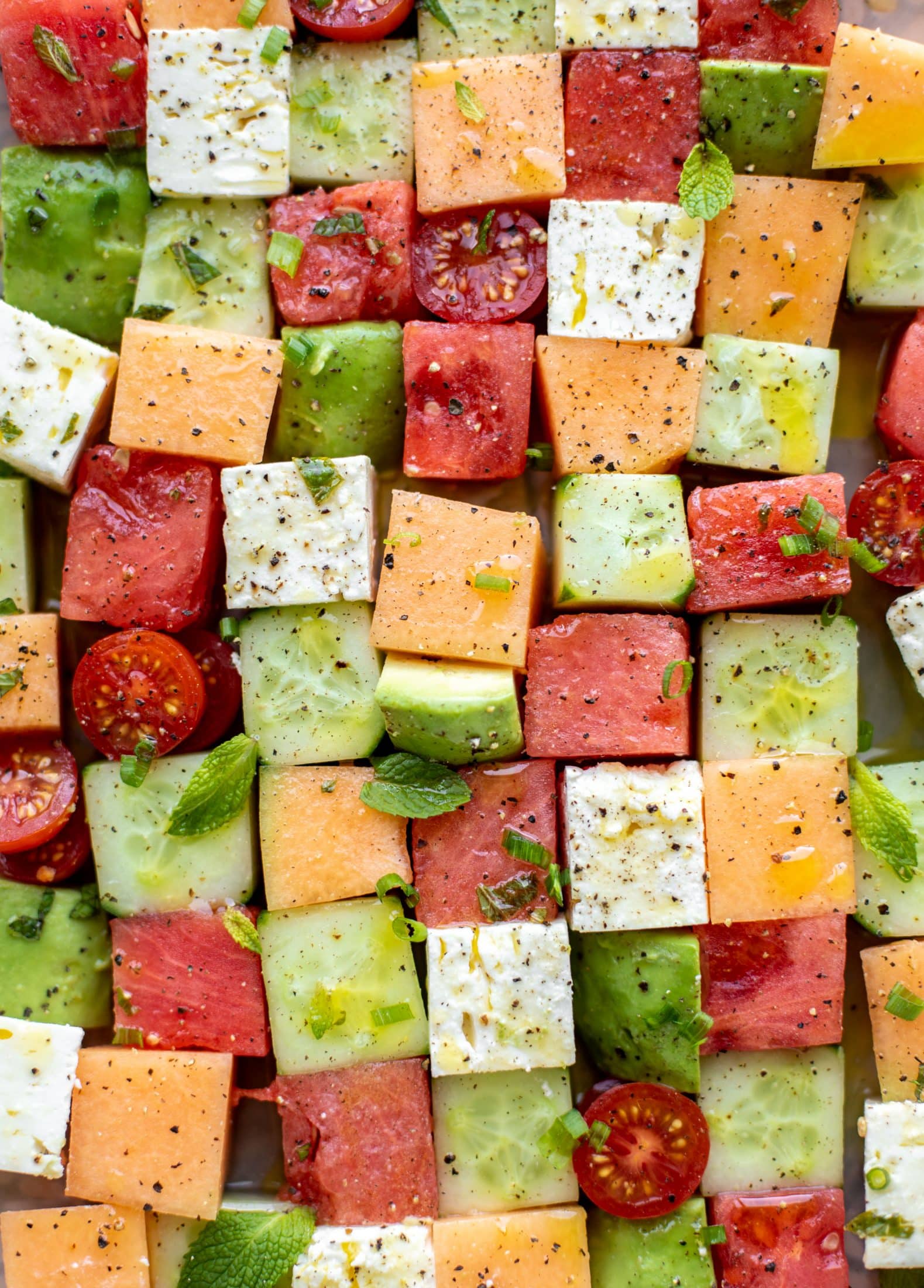 melon mosaic salad with hot honey vinaigrette