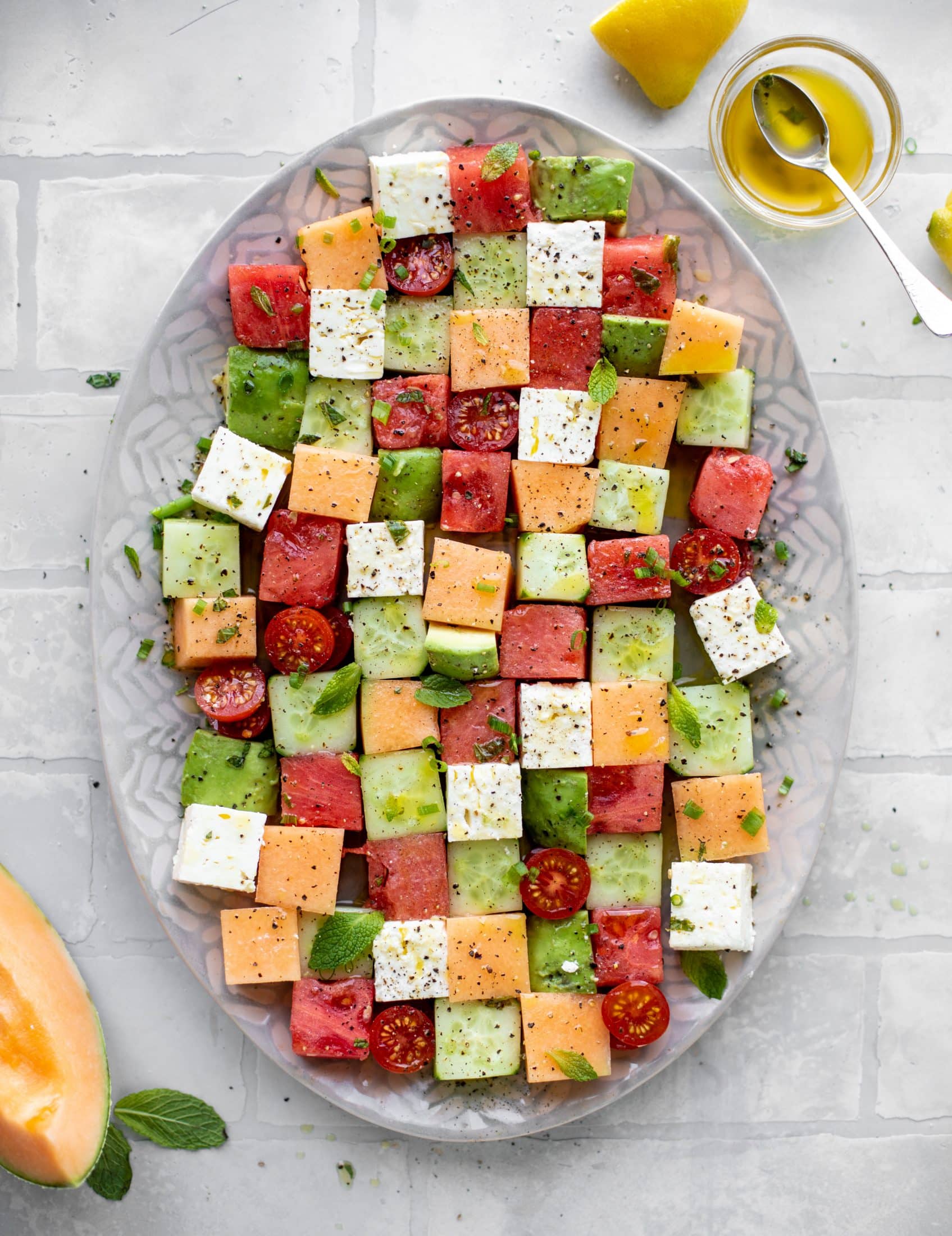 melon mosaic salad with hot honey vinaigrette