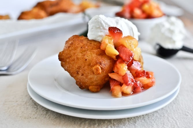 Sweet Corn Fritters with Jalapeño Whipped Cream and Fruit Salsa I howsweeteats.com Sweet Corn Fritters with Jalapeño Whipped Cream and Fruit Salsa I howsweeteats.com