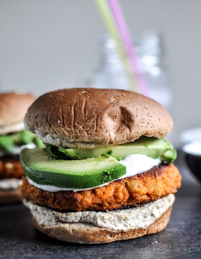 Smoky Sweet Potato Burgers with Roasted Garlic Cream and Avocado I howsweeteats.com