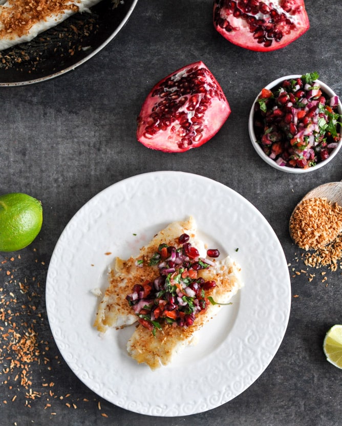 Toasted Coconut Tilapia with Pomegranate Salsa I howsweeteats.com