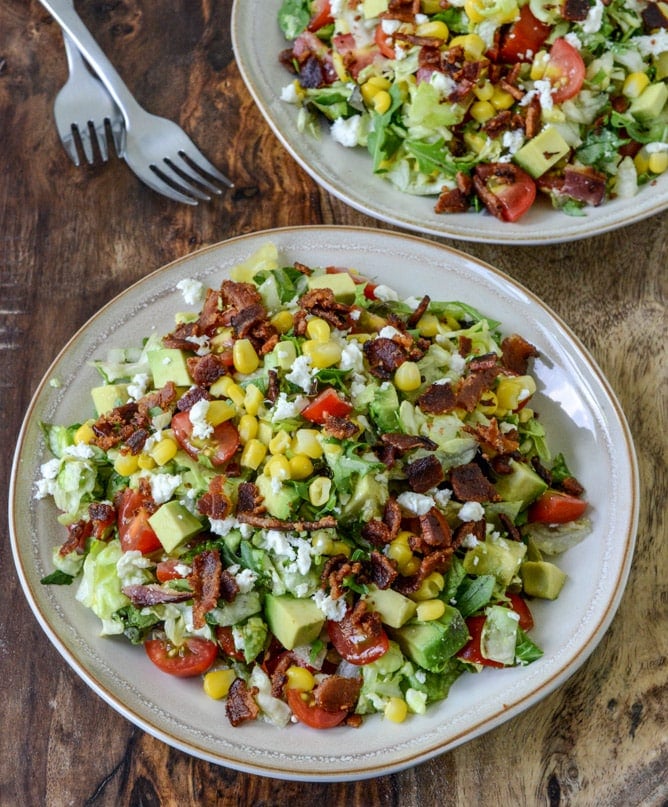 BLT Chopped Salad with Corn, Feta + Avocado I howsweeteats.com BLT Chopped Salad with Corn, Feta + Avocado I howsweeteats.com