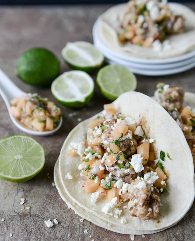 Jerk Shrimp Tacos with Spicy Melon Salsa I howsweeteats.com