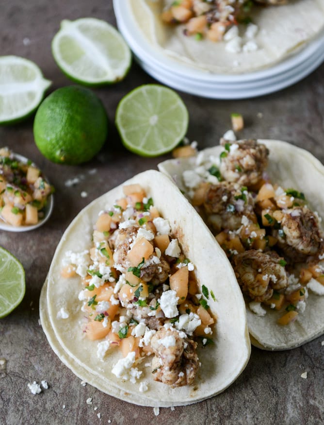 Jerk Shrimp Tacos with Spicy Melon Salsa I howsweeteats.com