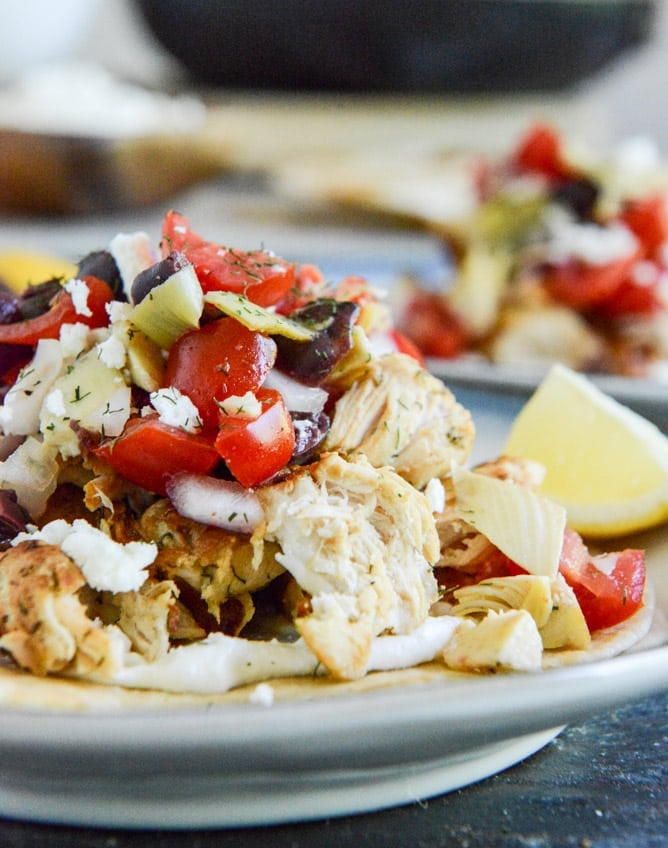 Marinated Greek Chicken Tostadas I howsweeteats.com
