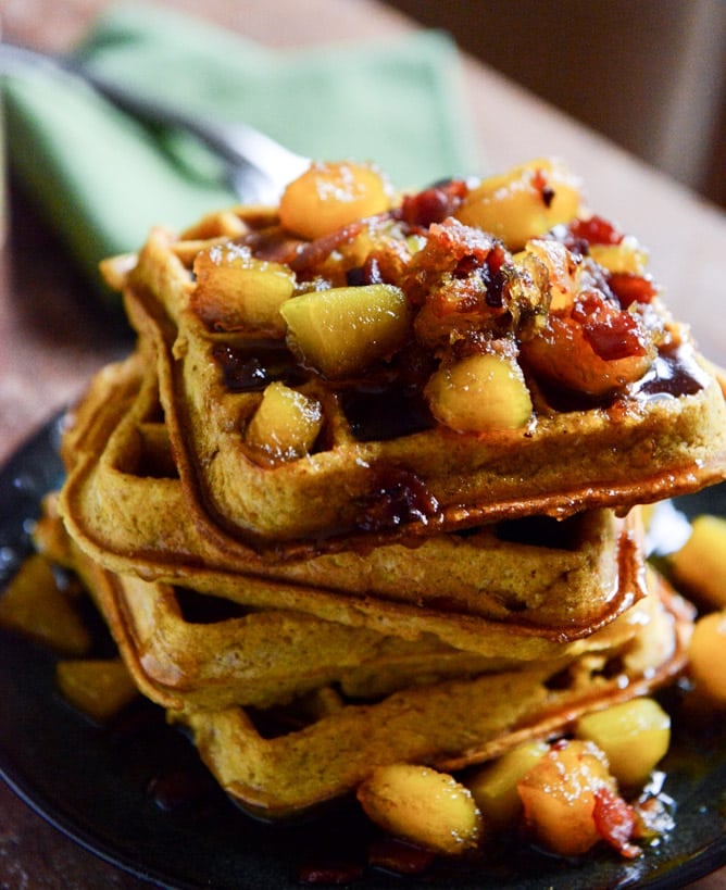 Pumpkin Waffles with Butternut Bacon Syrup I howsweeteats.com