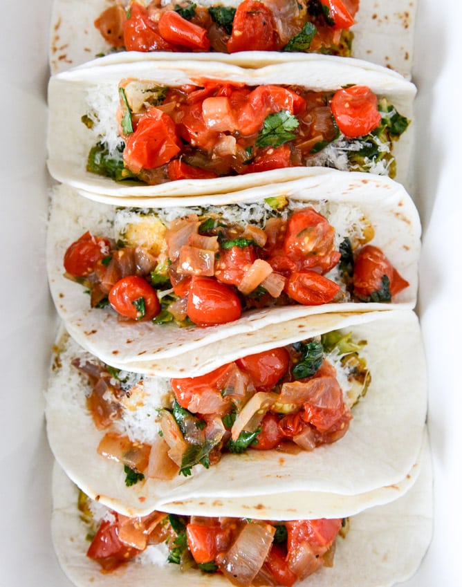 Crispy Brussels Sprouts Tacos with Manchego and Caramelized Shallot Salsa I howsweeteats.com