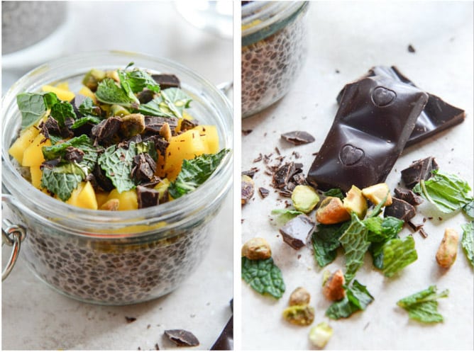 Vanilla Bean Chia Pudding with Fresh Mint, Mango, Pistachios + Dark Chocolate I howsweeteats.com