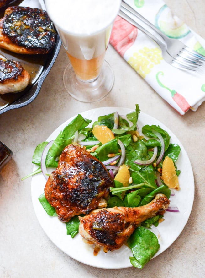 Beer Glazed Citrus Chicken with Orange Arugula Greens I howsweeteats.com