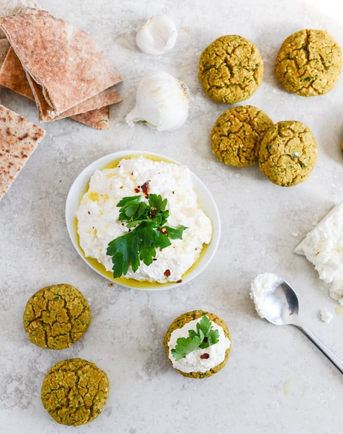 Baked Falafel with Spicy Feta Dip I howsweeteats.com