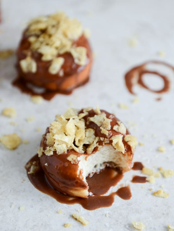 Crunchy Kettle Chip Chocolate Frosted Raised Donuts I howsweeteats.com