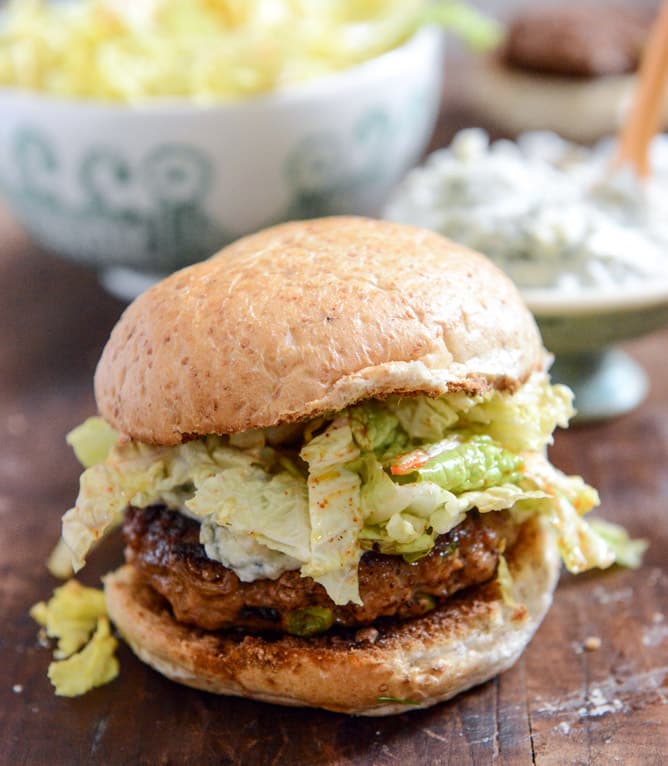 Turkey Burgers with Creamy Gorgonzola and Chili Garlic Slaw I howsweeteats.com