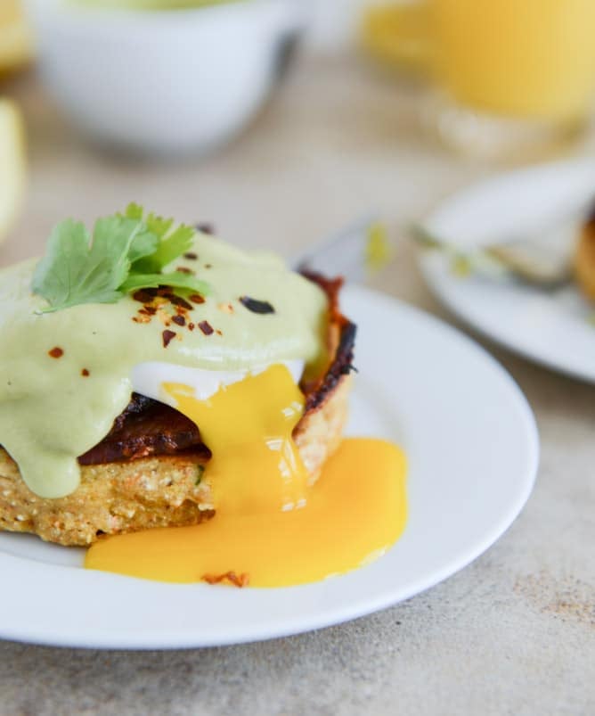 Sweet Corn Cake Eggs Benedict with Avocado Hollandaise I howsweeteats.com