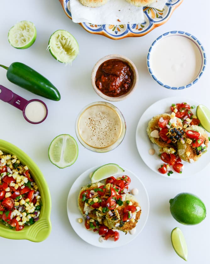 Mini Roasted Poblano Risotto Cakes with Grilled Corn Salsa I howsweeteats.com