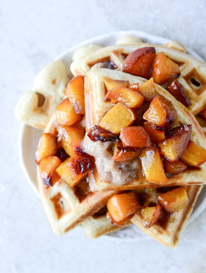 vanilla yeasted waffles with roasted peach maple syrup I howsweeteats.com