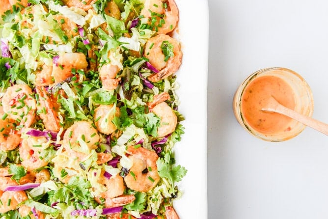 lightened up bang bang shrimp with napa cabbage slaw I howsweeteats.com