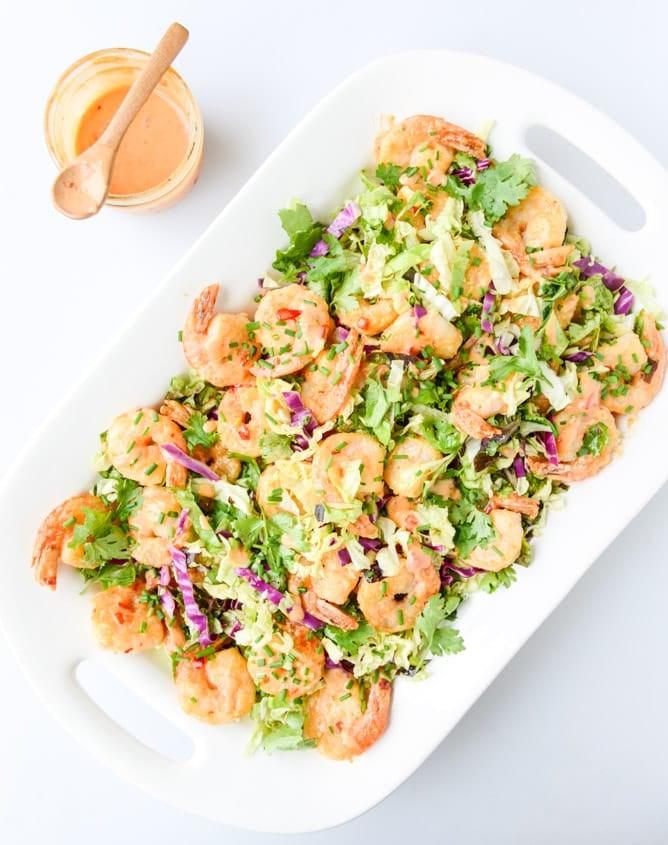 lightened up bang bang shrimp with napa cabbage slaw I howsweeteats.com