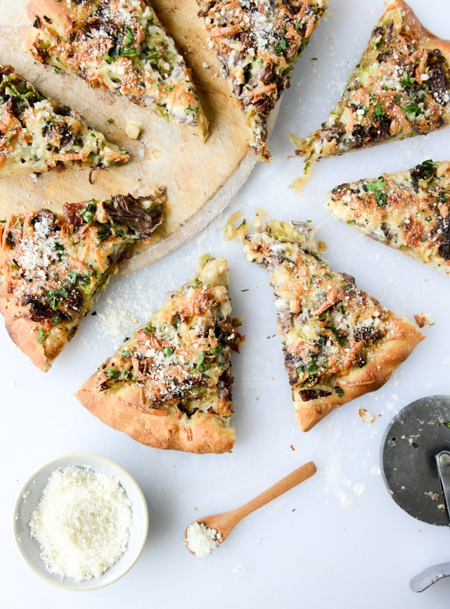 crispy shredded sprouts, short rib and caramelized shallot pizza I howsweeteats.com