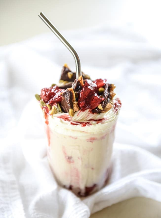 roasted strawberry milkshakes with chocolate pistachio brittle I howsweeteats.com