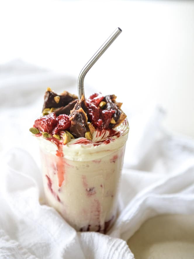 roasted strawberry milkshakes with chocolate pistachio brittle I howsweeteats.com