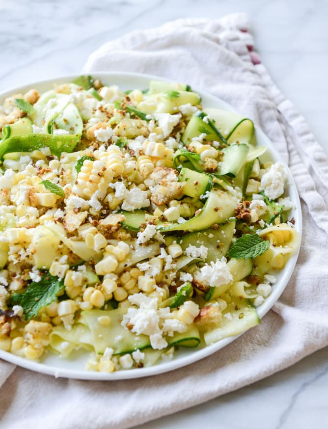 marinated zucchini feta salad with fresh corn and toasted pistachio breadcrumbs I howsweeteats.com