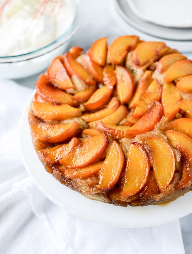 cinnamon sugar bourbon peach upside down cake I howsweeteats.com