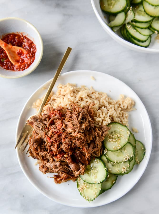 slow cooker sweet and spicy pork shoulder I howsweeteats.com