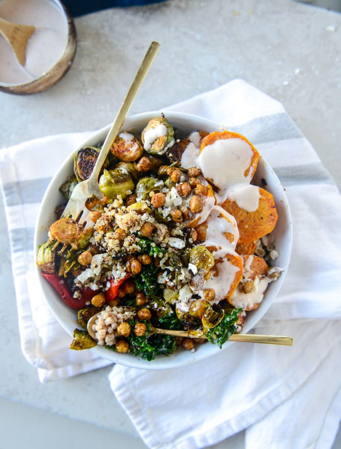 grain bowls with maple chipotle brussels and coconut roasted sweet potatoes I howsweeteats.com