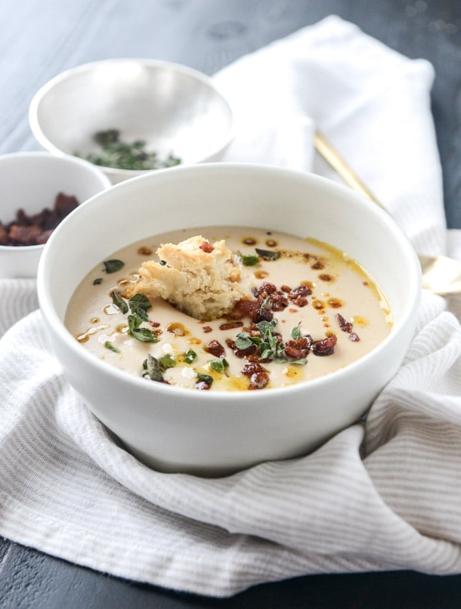 white bean soup with crumbled bacon and spiced brown butter I howsweeteats.com