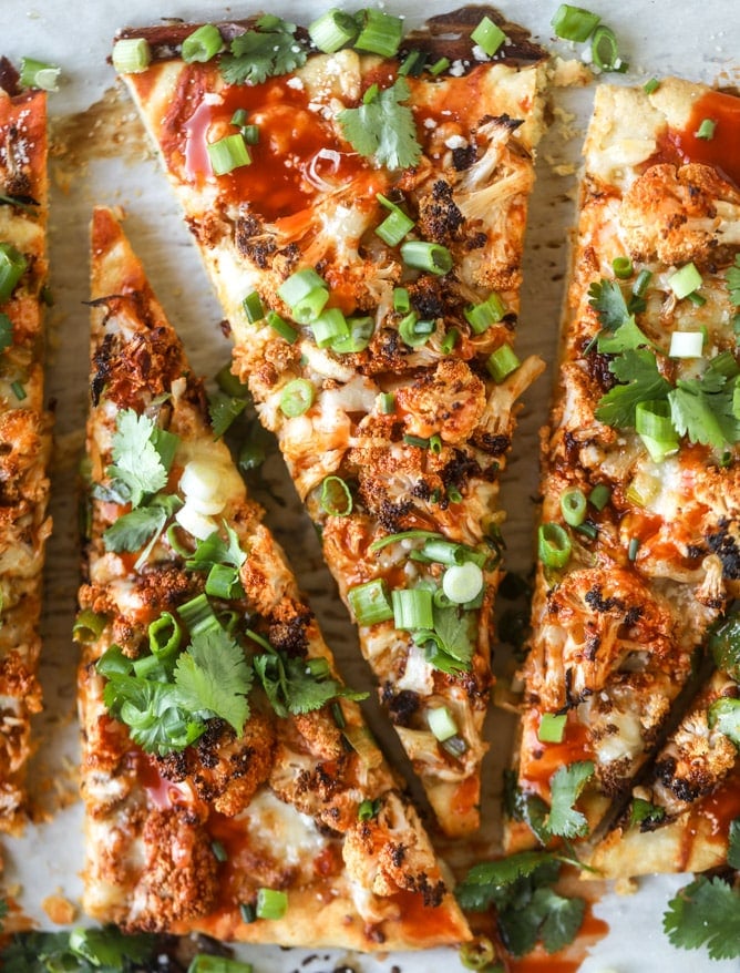 roasted buffalo cauliflower flatbread I howsweeteats.com #cauliflower #buffalo #pizza #flatbread