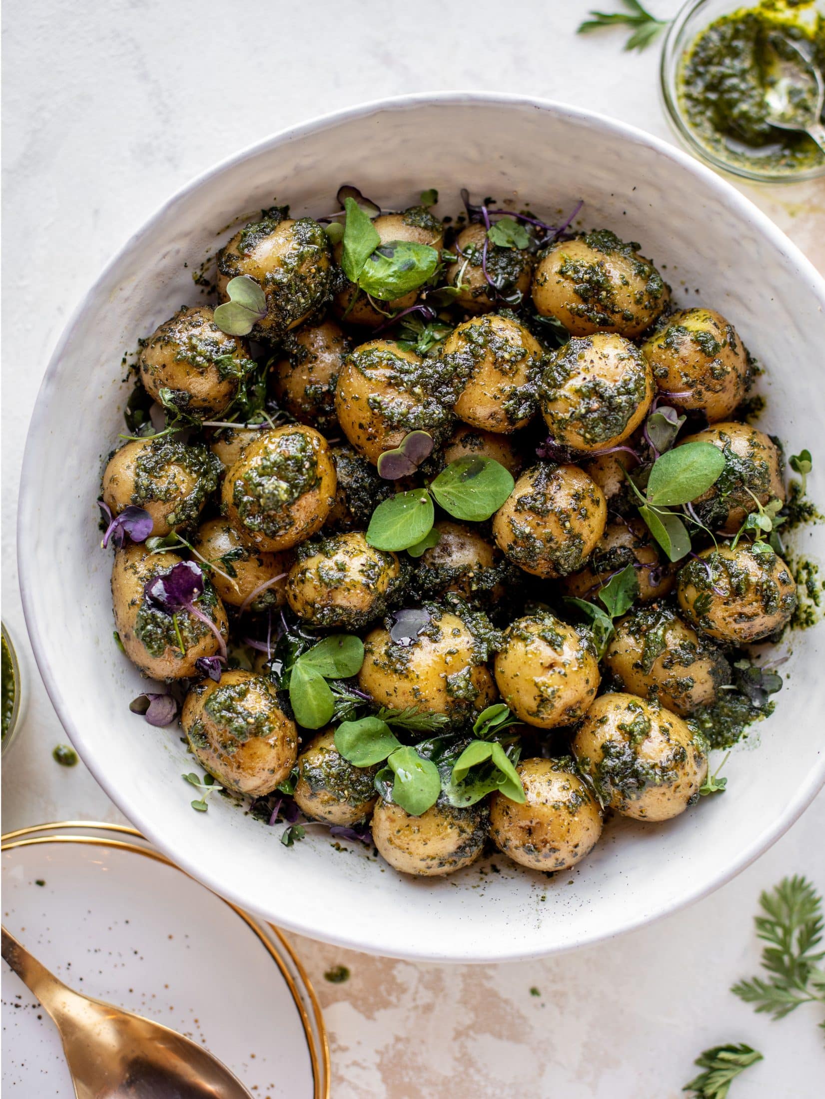 This pesto potato salad is made with carrot top pesto for the perfect spring side dish! Baby potatoes, pesto and greens make up this delish bowl.