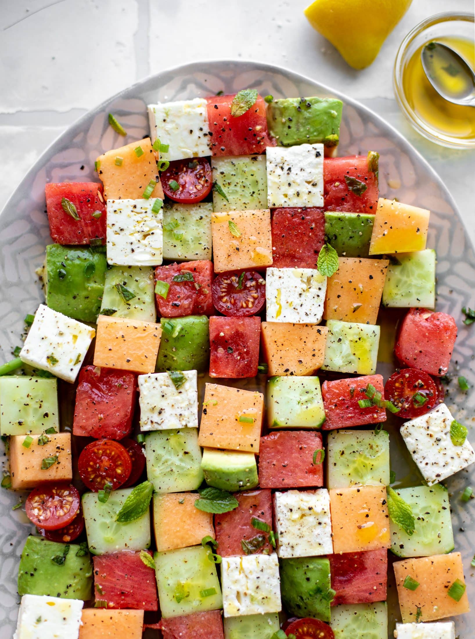 melon mosaic salad with hot honey vinaigrette 