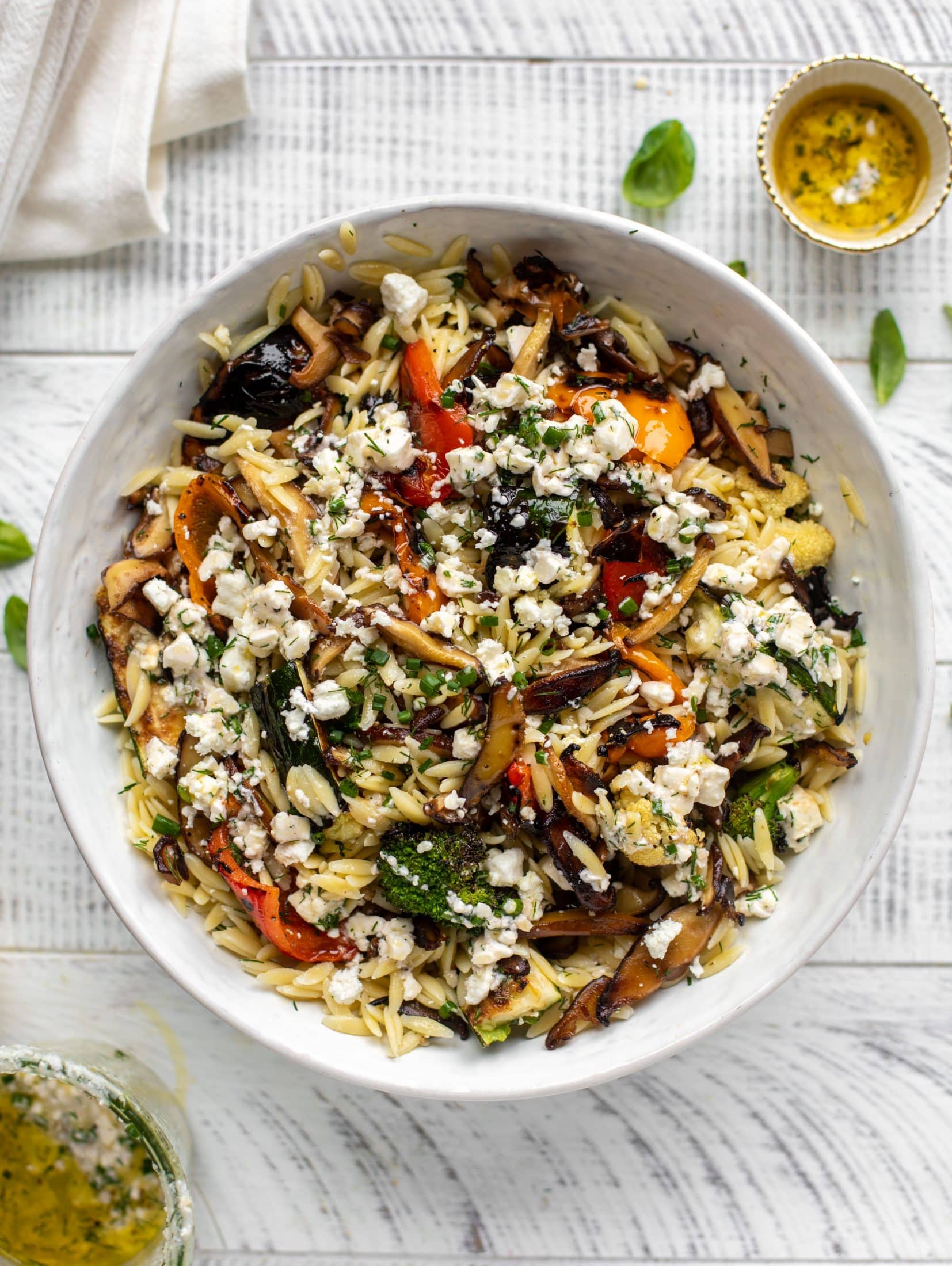 grilled vegetable orzo with smashed feta vinaigrette