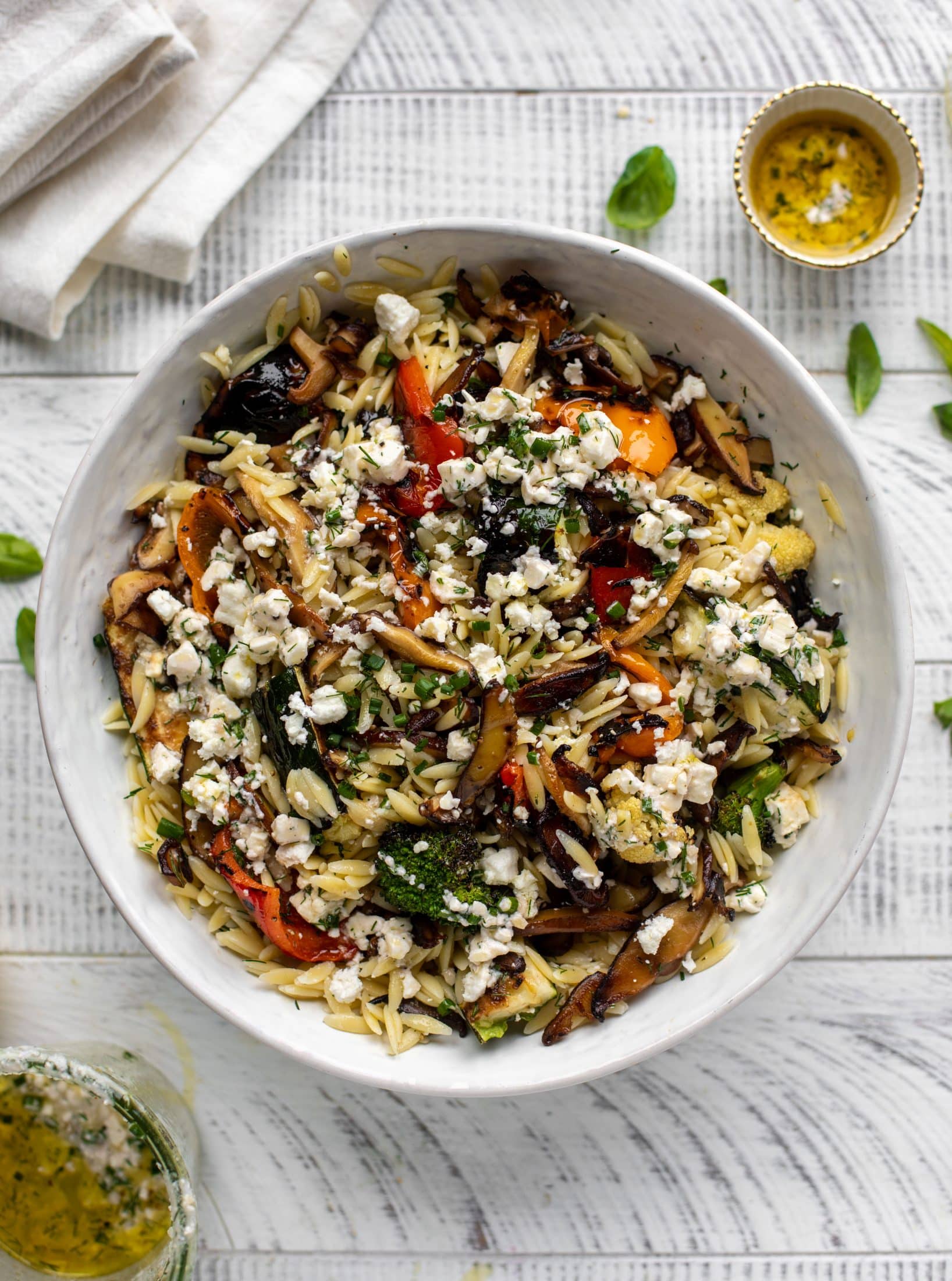 grilled vegetable orzo with smashed feta vinaigrette