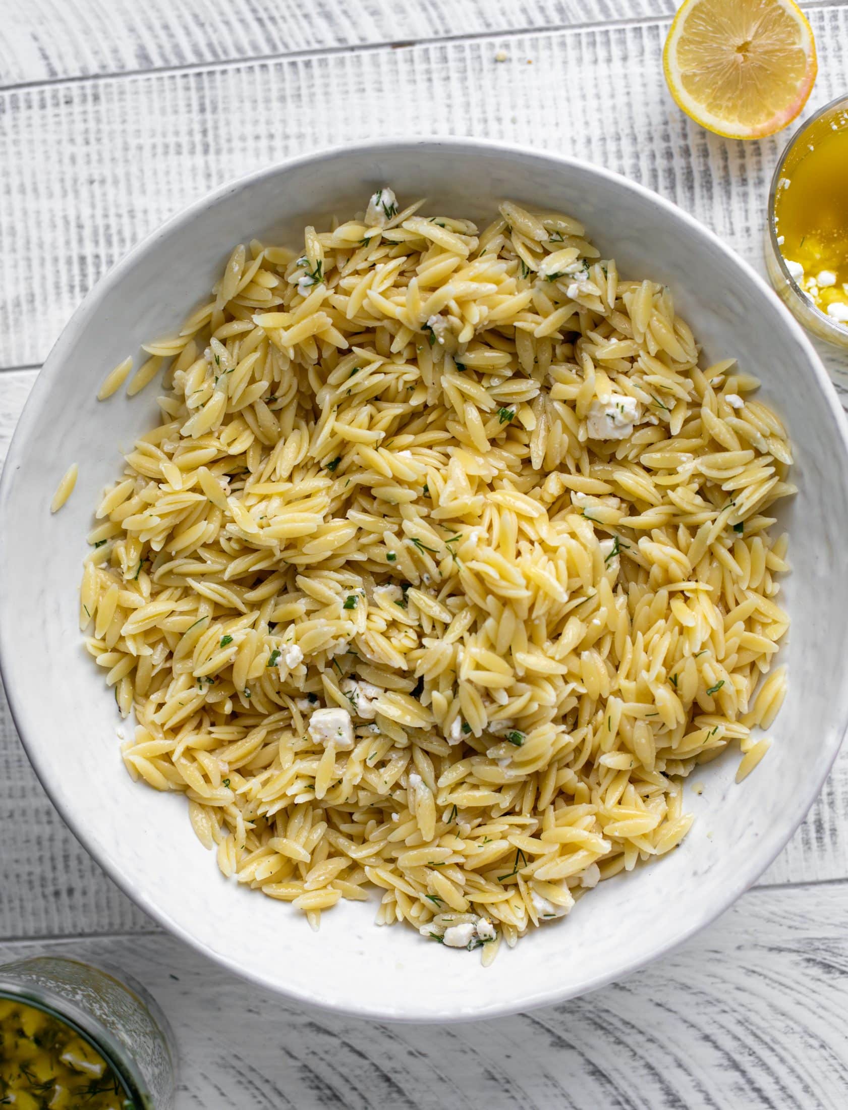 orzo with smashed feta vinaigrette