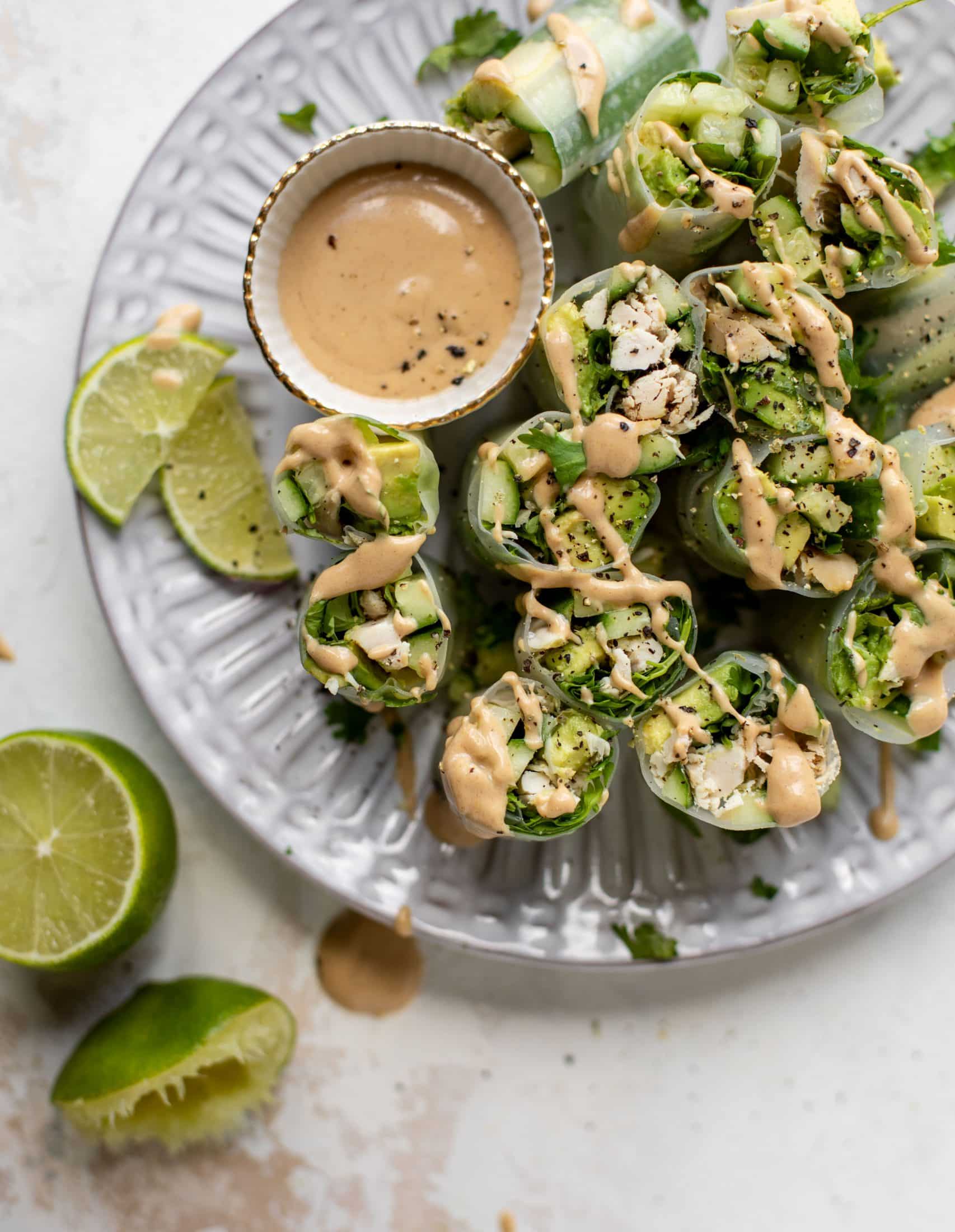 avocado summer rolls with peanut coconut dipping sauce